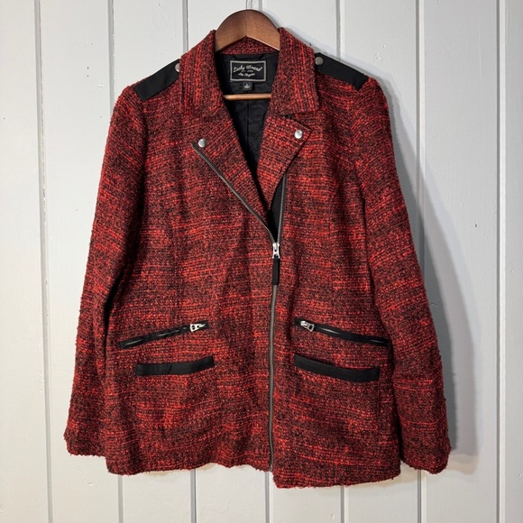 Lucky Brand red and black tweed moto jacket asymmetrical zip closure.‎ Size L - Picture 1 of 16